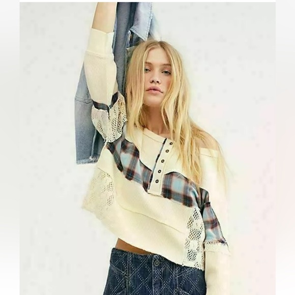 NWT Free People We The Free Nina Tee Plaid Crochet Lace Pullover Top XS - Picture 1 of 4